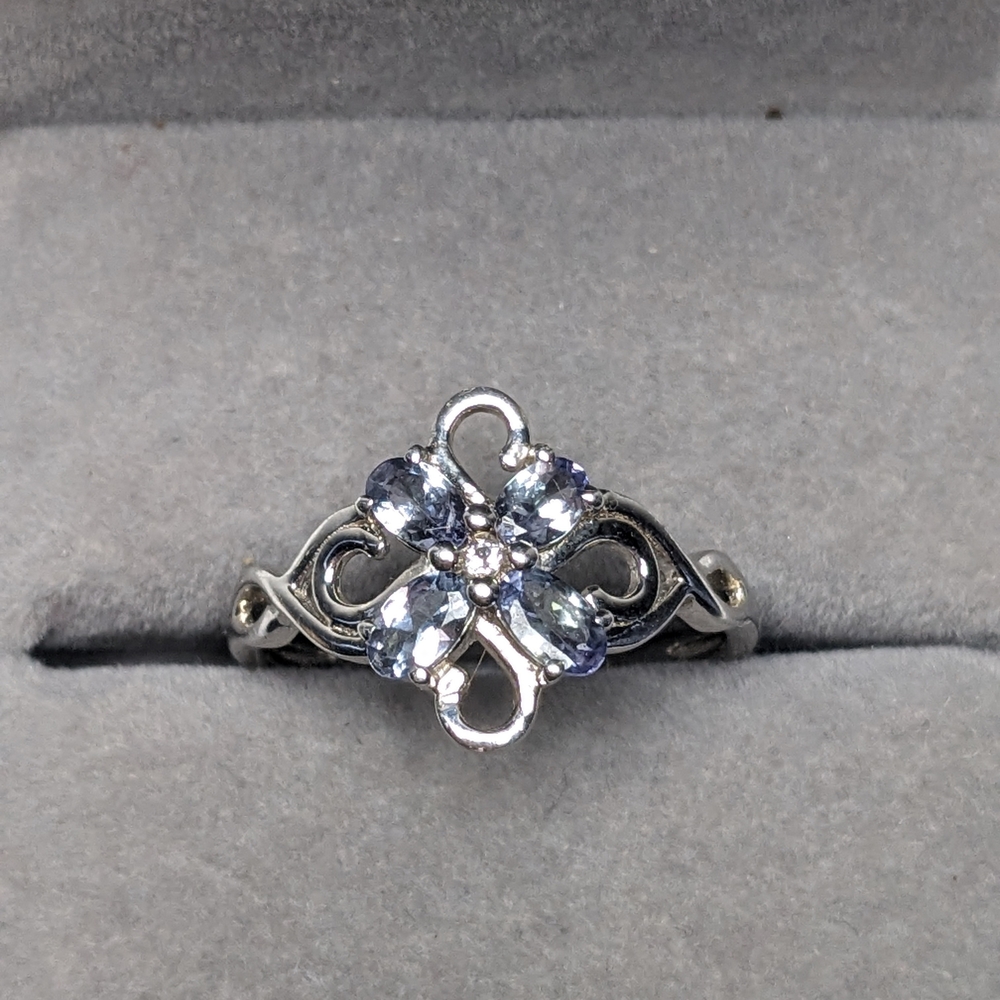 🆕 Sterling Silver Tanzanite & White Topaz Floral Ring Rhodium Plated  Size 10